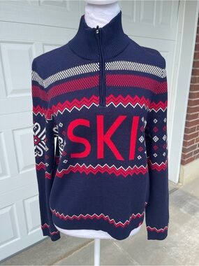 Krimson Klover Women’s Navy Red Nordic Heidi Zip Neck Ski Sweater Small